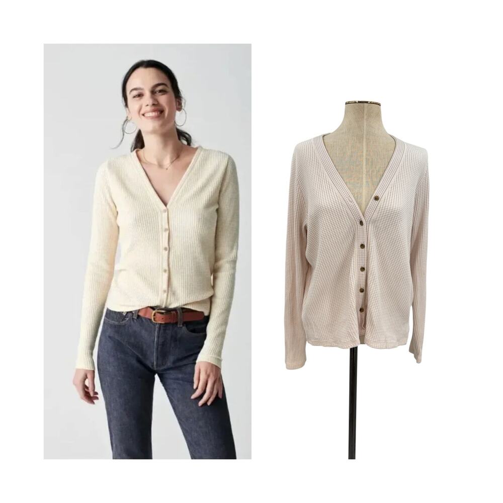 Faherty Eira Waffle Cardigan Sweater Long Sleeve Oat Button Front Size XL